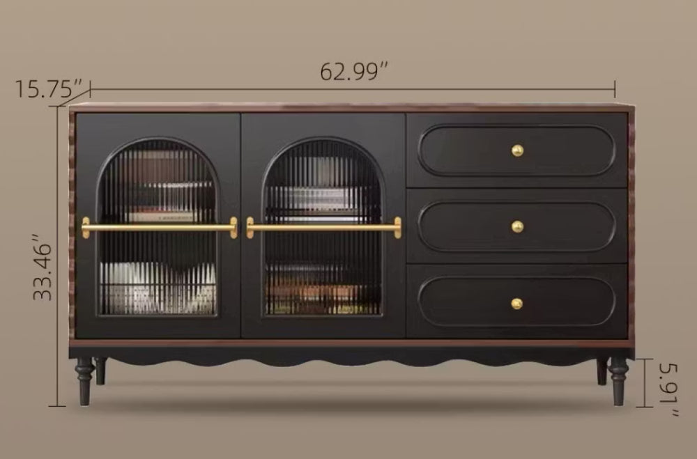 English Elm 63 Inch Black Sideboard with Fluted Glass Doors Gold Handles European Dining Style D1134169092