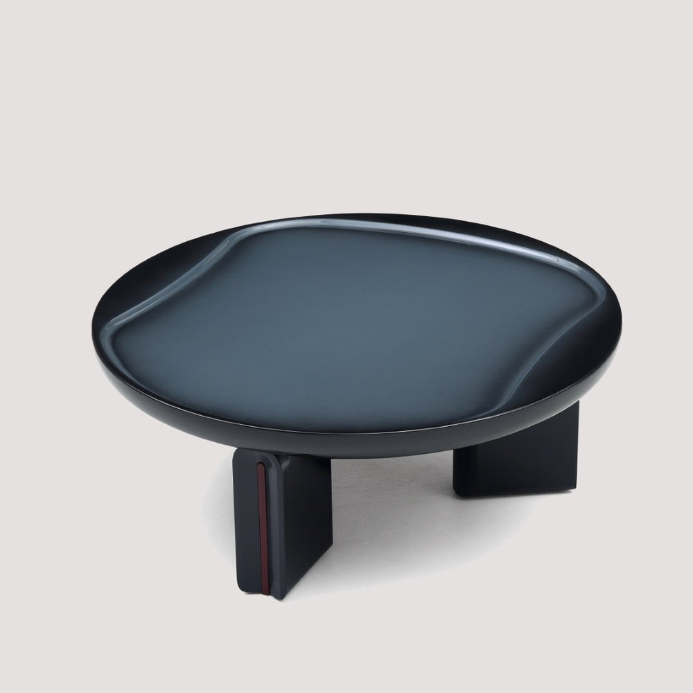 English Elm Modern Round Coffee Table Glossy MDF Concave Tray Top Gradient Two Tone Sculptural D1140121859