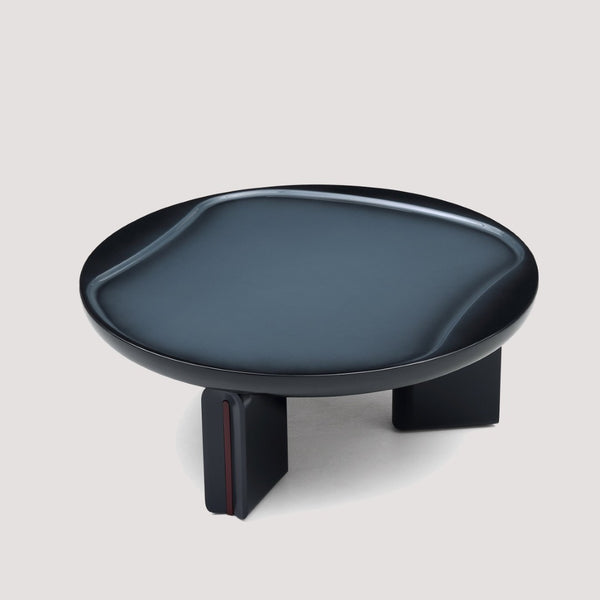 English Elm Modern Round Coffee Table Glossy MDF Concave Tray Top Gradient Two Tone Sculptural D1140121859