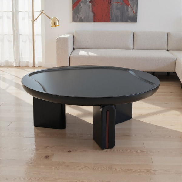 English Elm Modern Round Coffee Table Glossy MDF Concave Tray Top Gradient Two Tone Sculptural D1140121859