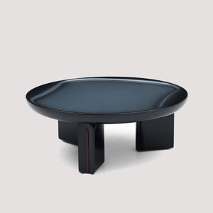 English Elm Modern Round Coffee Table Glossy MDF Concave Tray Top Gradient Two Tone Sculptural D1140121859