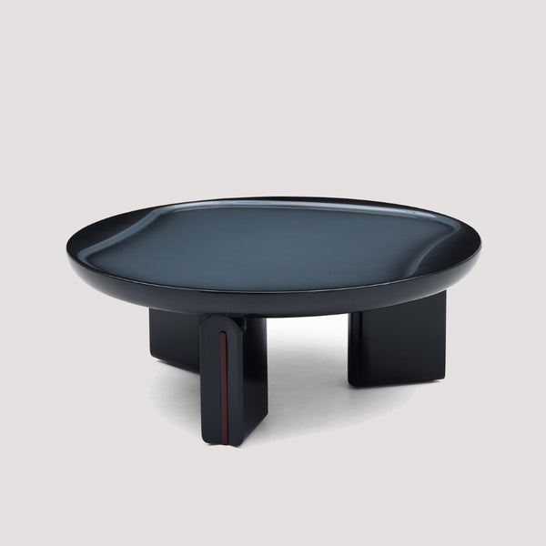 English Elm Modern Round Coffee Table Glossy MDF Concave Tray Top Gradient Two Tone Sculptural D1140121859