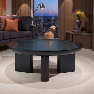 English Elm Modern Round Coffee Table Glossy MDF Concave Tray Top Gradient Two Tone Sculptural D1140121859