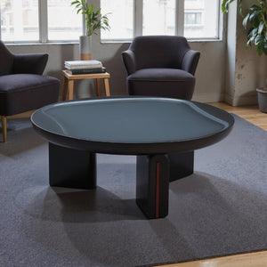 English Elm Modern Round Coffee Table Glossy MDF Concave Tray Top Gradient Two Tone Sculptural D1140121859