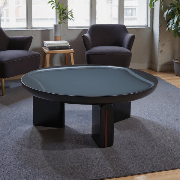 English Elm Modern Round Coffee Table Glossy MDF Concave Tray Top Gradient Two Tone Sculptural D1140121859