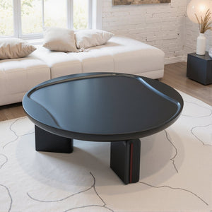 English Elm Modern Round Coffee Table Glossy MDF Concave Tray Top Gradient Two Tone Sculptural D1140121859