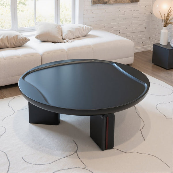 English Elm Modern Round Coffee Table Glossy MDF Concave Tray Top Gradient Two Tone Sculptural D1140121859