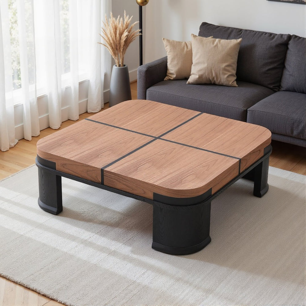 English Elm French Retro Square Oak Veneer Coffee Table with Matte Black Base for Modern Living D1140121860
