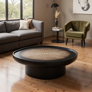 English Elm Modern Round Coffee Table Wood Veneer Inlay Top High Gloss Lacquer Living Room D1140121861
