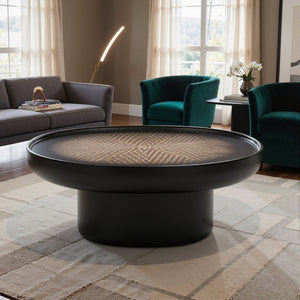 English Elm Modern Round Coffee Table Wood Veneer Inlay Top High Gloss Lacquer Living Room D1140121861