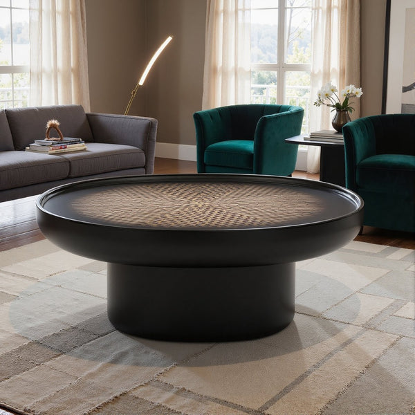 English Elm Modern Round Coffee Table Wood Veneer Inlay Top High Gloss Lacquer Living Room D1140121861