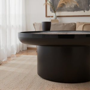 English Elm Modern Round Coffee Table Wood Veneer Inlay Top High Gloss Lacquer Living Room D1140121861