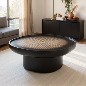 English Elm Modern Round Coffee Table Wood Veneer Inlay Top High Gloss Lacquer Living Room D1140121861