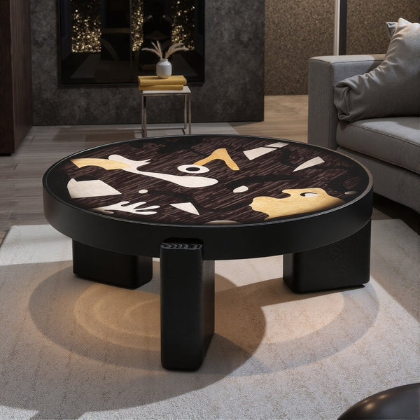 English Elm Fun Art Mosaic Wood Veneer Coffee Table with Glossy Lacquer Sculptural Three Leg Base D1140121862