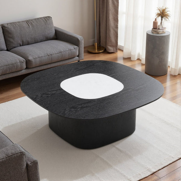 English Elm Modern Oval Elm Veneer Coffee Table with Marble Inlay Solid Base Living Room Accent D1140121863