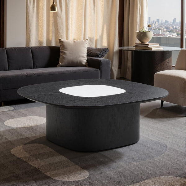 English Elm Modern Oval Elm Veneer Coffee Table with Marble Inlay Solid Base Living Room Accent D1140121863