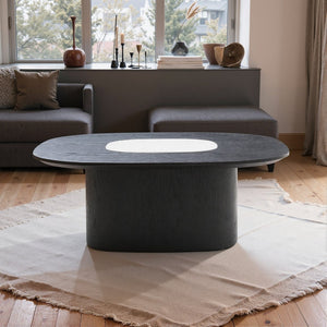 English Elm Modern Oval Elm Veneer Coffee Table with Marble Inlay Solid Base Living Room Accent D1140121863