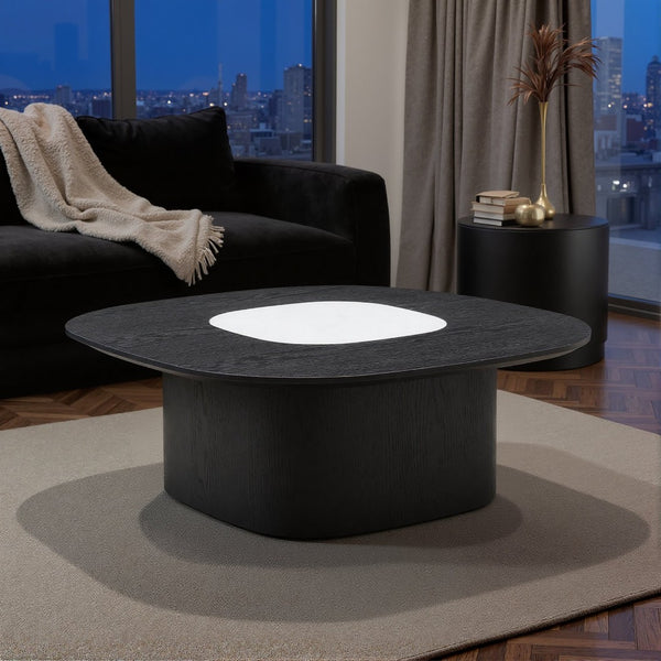 English Elm Modern Oval Elm Veneer Coffee Table with Marble Inlay Solid Base Living Room Accent D1140121863