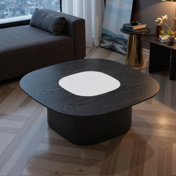 English Elm Modern Oval Elm Veneer Coffee Table with Marble Inlay Solid Base Living Room Accent D1140121863