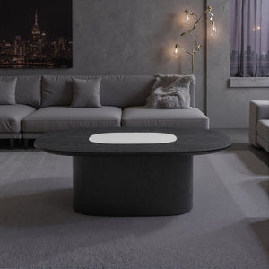 English Elm Modern Oval Elm Veneer Coffee Table with Marble Inlay Solid Base Living Room Accent D1140121863