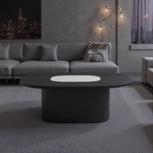English Elm Modern Oval Elm Veneer Coffee Table with Marble Inlay Solid Base Living Room Accent D1140121863