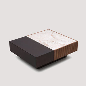 English Elm Modern Sintered Stone Top Coffee Table with Slatted Wood Base and Hidden Drawer D1140121864
