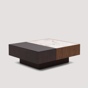 English Elm Modern Sintered Stone Top Coffee Table with Slatted Wood Base and Hidden Drawer D1140121864