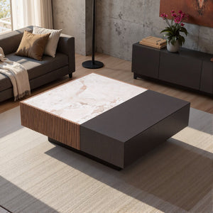 English Elm Modern Sintered Stone Top Coffee Table with Slatted Wood Base and Hidden Drawer D1140121864