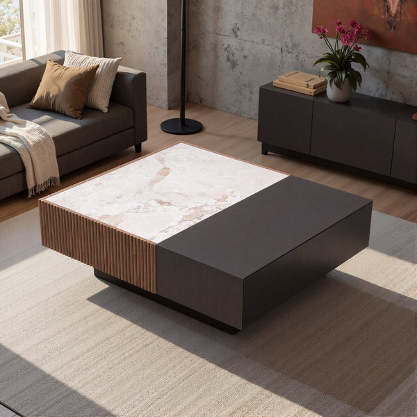 English Elm Modern Sintered Stone Top Coffee Table with Slatted Wood Base and Hidden Drawer D1140121864