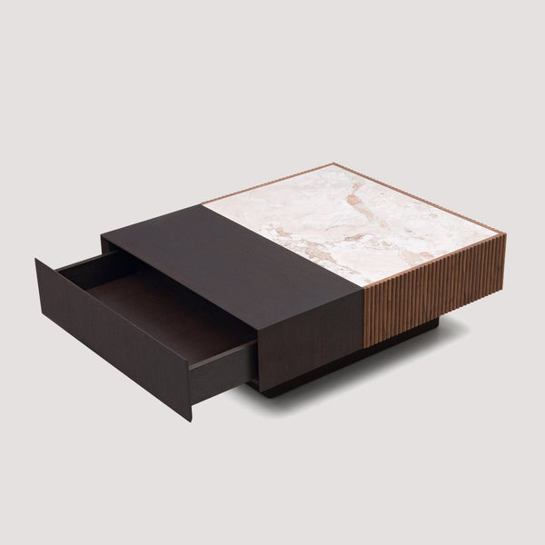 English Elm Modern Sintered Stone Top Coffee Table with Slatted Wood Base and Hidden Drawer D1140121864