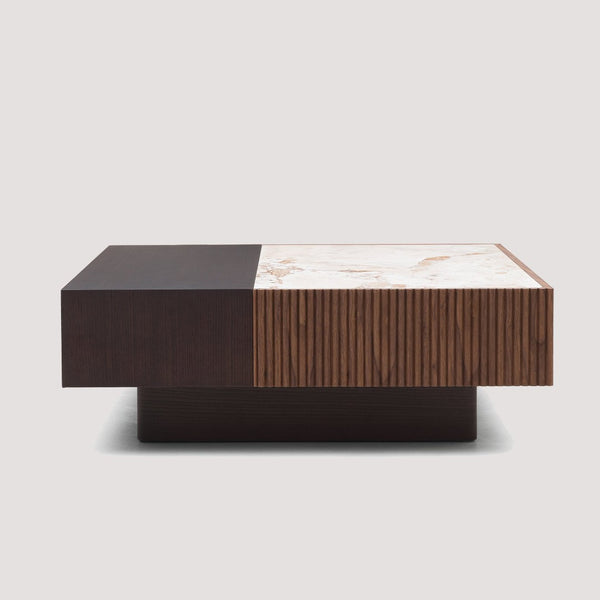 English Elm Modern Sintered Stone Top Coffee Table with Slatted Wood Base and Hidden Drawer D1140121864