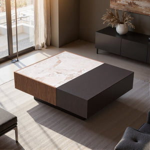 English Elm Modern Sintered Stone Top Coffee Table with Slatted Wood Base and Hidden Drawer D1140121864