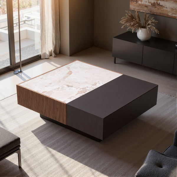 English Elm Modern Sintered Stone Top Coffee Table with Slatted Wood Base and Hidden Drawer D1140121864