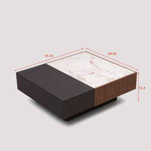 English Elm Modern Sintered Stone Top Coffee Table with Slatted Wood Base and Hidden Drawer D1140121864