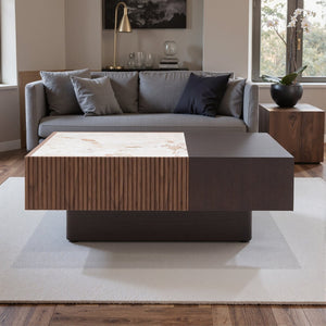 English Elm Modern Sintered Stone Top Coffee Table with Slatted Wood Base and Hidden Drawer D1140121864
