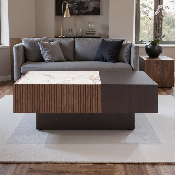 English Elm Modern Sintered Stone Top Coffee Table with Slatted Wood Base and Hidden Drawer D1140121864
