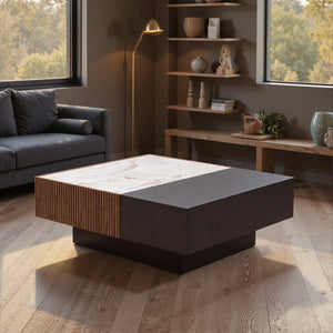 English Elm Modern Sintered Stone Top Coffee Table with Slatted Wood Base and Hidden Drawer D1140121864