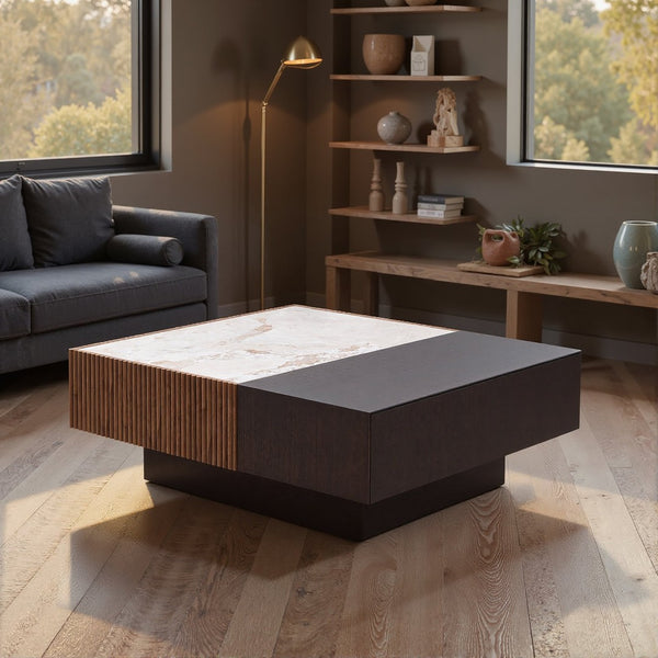 English Elm Modern Sintered Stone Top Coffee Table with Slatted Wood Base and Hidden Drawer D1140121864