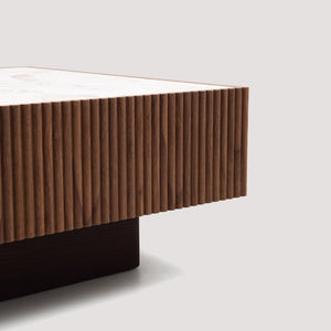 English Elm Modern Sintered Stone Top Coffee Table with Slatted Wood Base and Hidden Drawer D1140121864