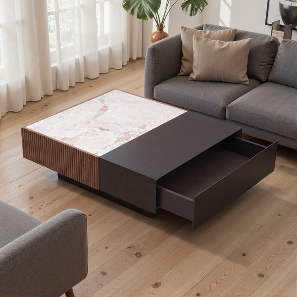 English Elm Modern Sintered Stone Top Coffee Table with Slatted Wood Base and Hidden Drawer D1140121864