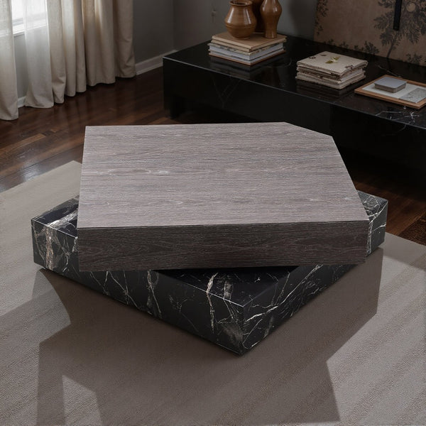 English Elm Modern Square Coffee Table Swivel Shelf Drawer Black Marble Wood Living Room D1140121865