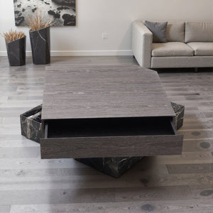 English Elm Modern Square Coffee Table Swivel Shelf Drawer Black Marble Wood Living Room D1140121865