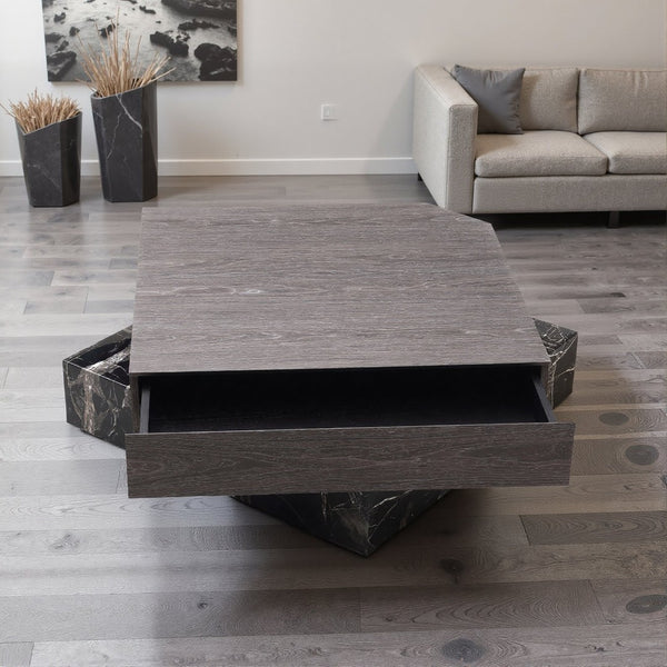 English Elm Modern Square Coffee Table Swivel Shelf Drawer Black Marble Wood Living Room D1140121865