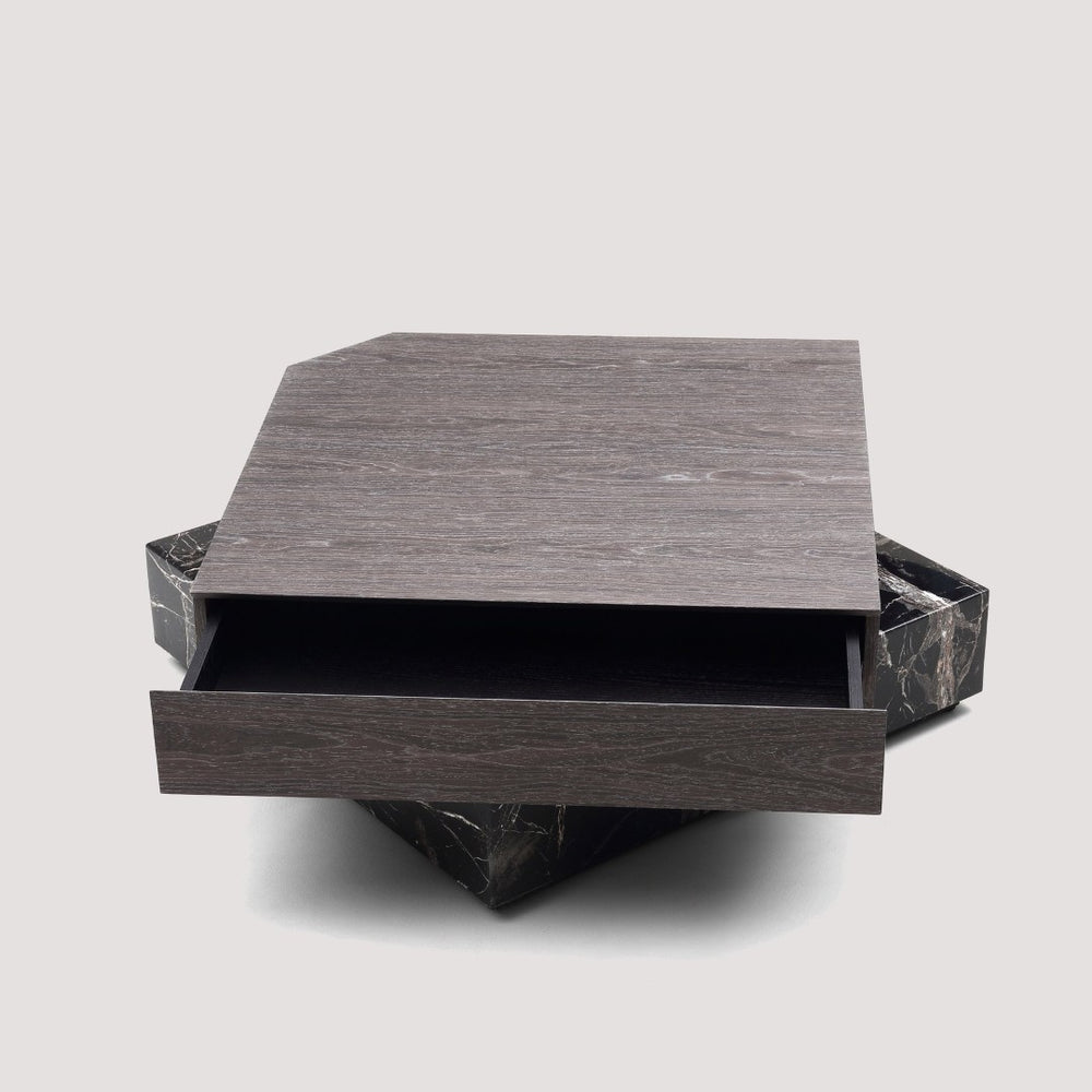 English Elm Modern Square Coffee Table Swivel Shelf Drawer Black Marble Wood Living Room D1140121865