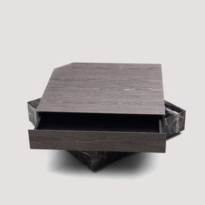 English Elm Modern Square Coffee Table Swivel Shelf Drawer Black Marble Wood Living Room D1140121865
