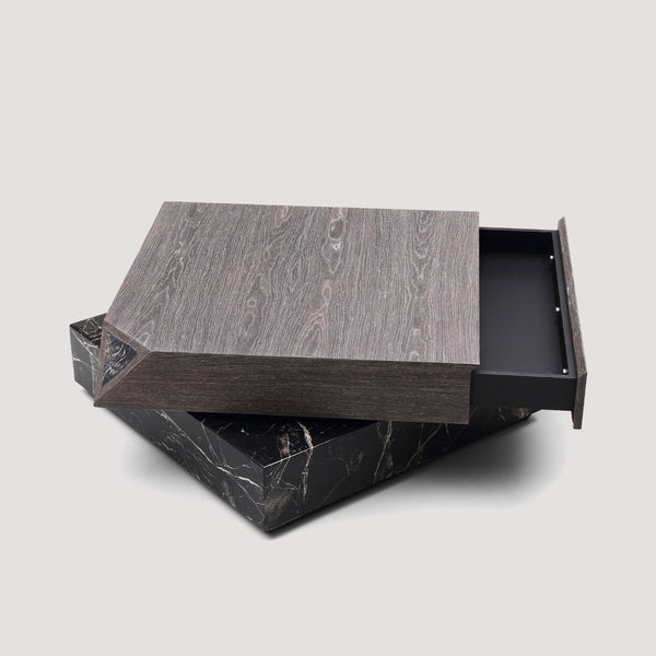 English Elm Modern Square Coffee Table Swivel Shelf Drawer Black Marble Wood Living Room D1140121865