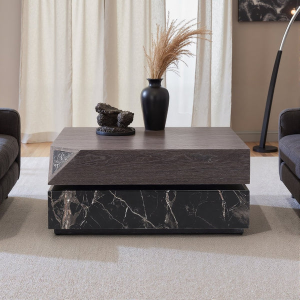 English Elm Modern Square Coffee Table Swivel Shelf Drawer Black Marble Wood Living Room D1140121865