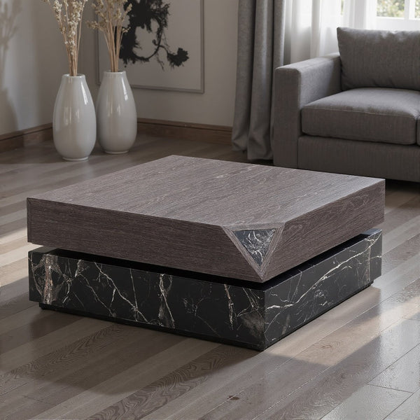 English Elm Modern Square Coffee Table Swivel Shelf Drawer Black Marble Wood Living Room D1140121865