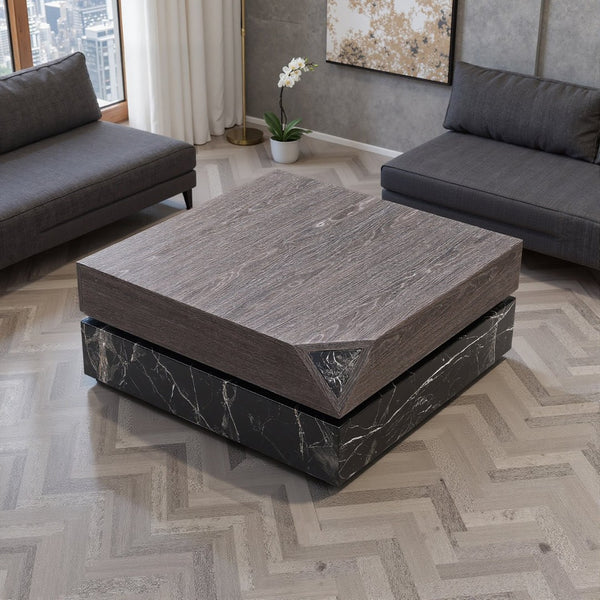 English Elm Modern Square Coffee Table Swivel Shelf Drawer Black Marble Wood Living Room D1140121865