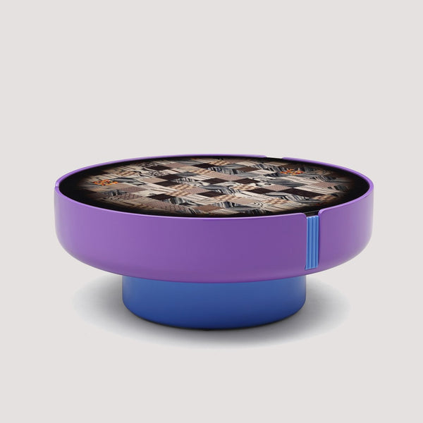 English Elm Modern Round Coffee Table Geometric Wood Veneer Inlay Sculptural Base Gloss Finish D1140121866